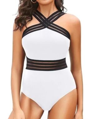 Tempt Me Women White Crisscross One Piece Swimsuits Mesh Tummy Control Bathing S